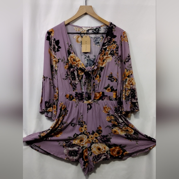 NWT Blu Pepper Floral Romper Women's L Purple Boho Retro Cottagecore Peasant - Picture 2 of 10
